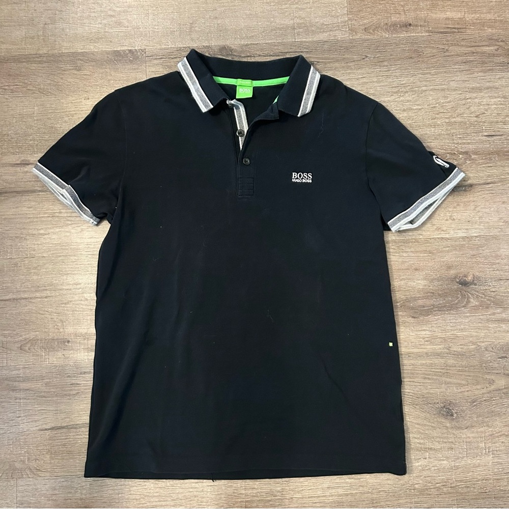 Boss Black Polo Shirt with White Trim and Logo EUC